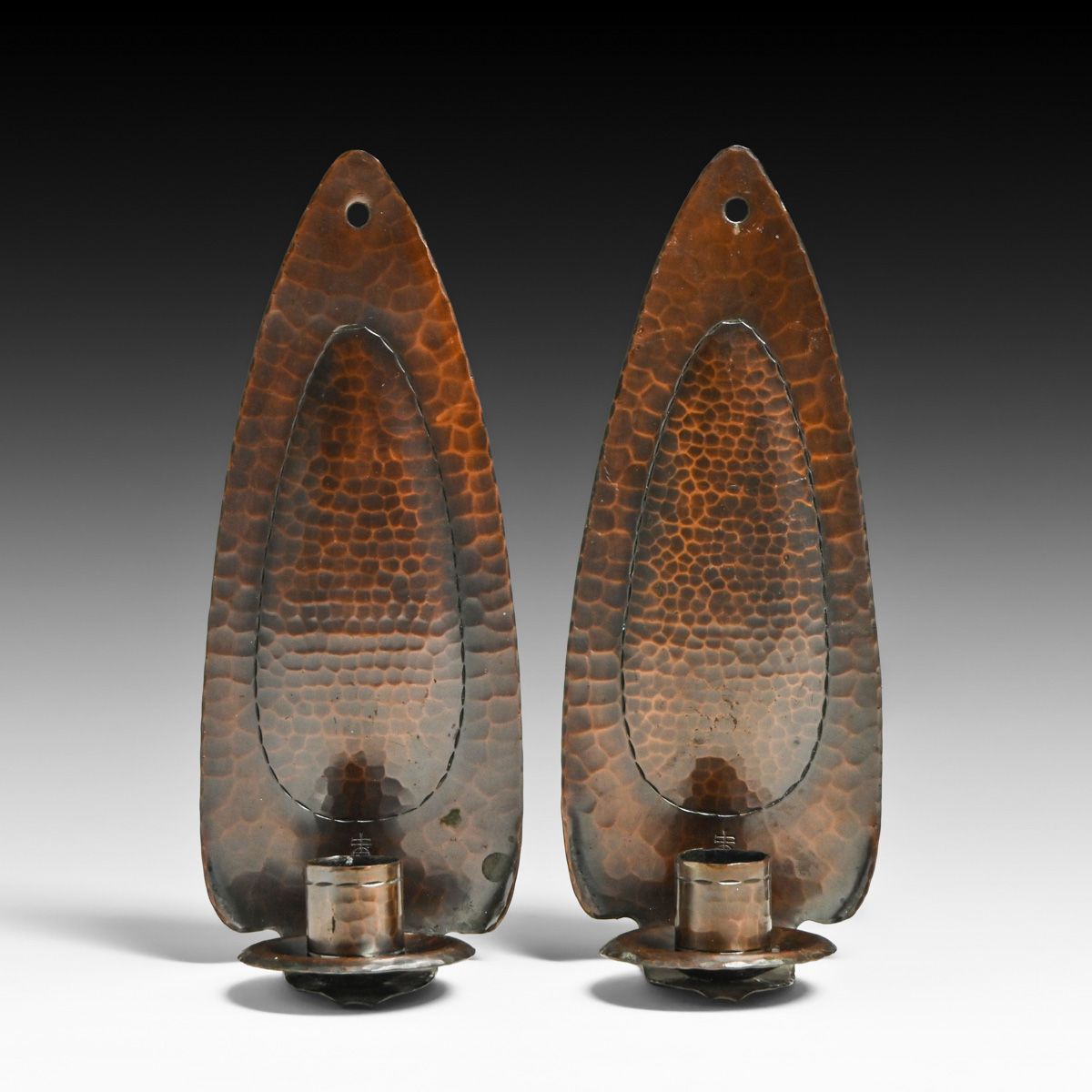 Roycroft Pair Hammered Copper Candle Sconces c1920s