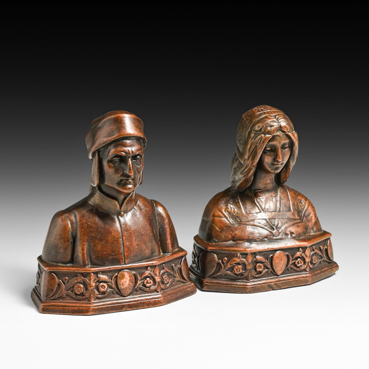 Pompeian Bronze Co Copper-Clad Dante Bookends c1910