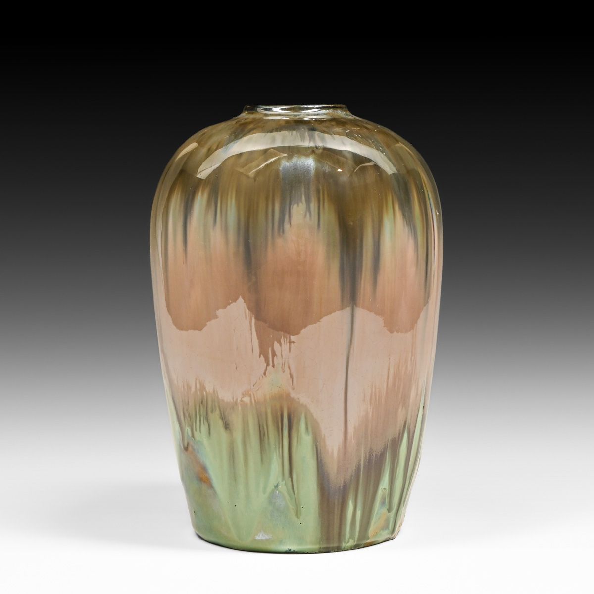 Fulper Pottery - Prang Elephant's Breath Drip & Chinese Green Round-Top Vase c1910