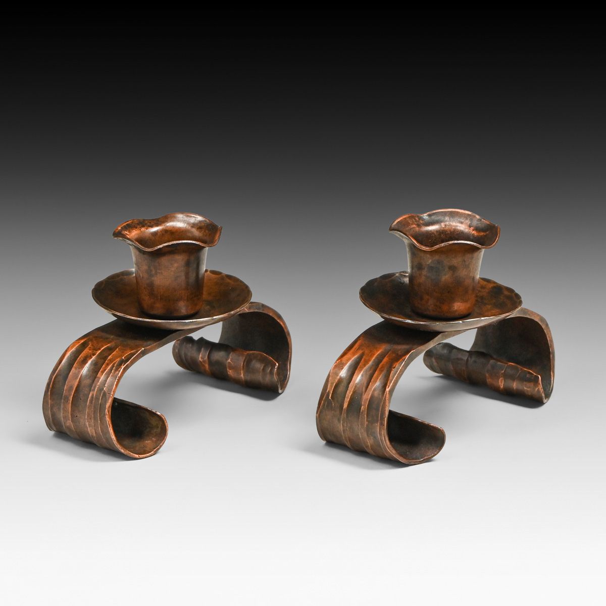 Craftsman Studios - Laguna Beach, CA Pair Hammered Copper Candlesticks c1930s