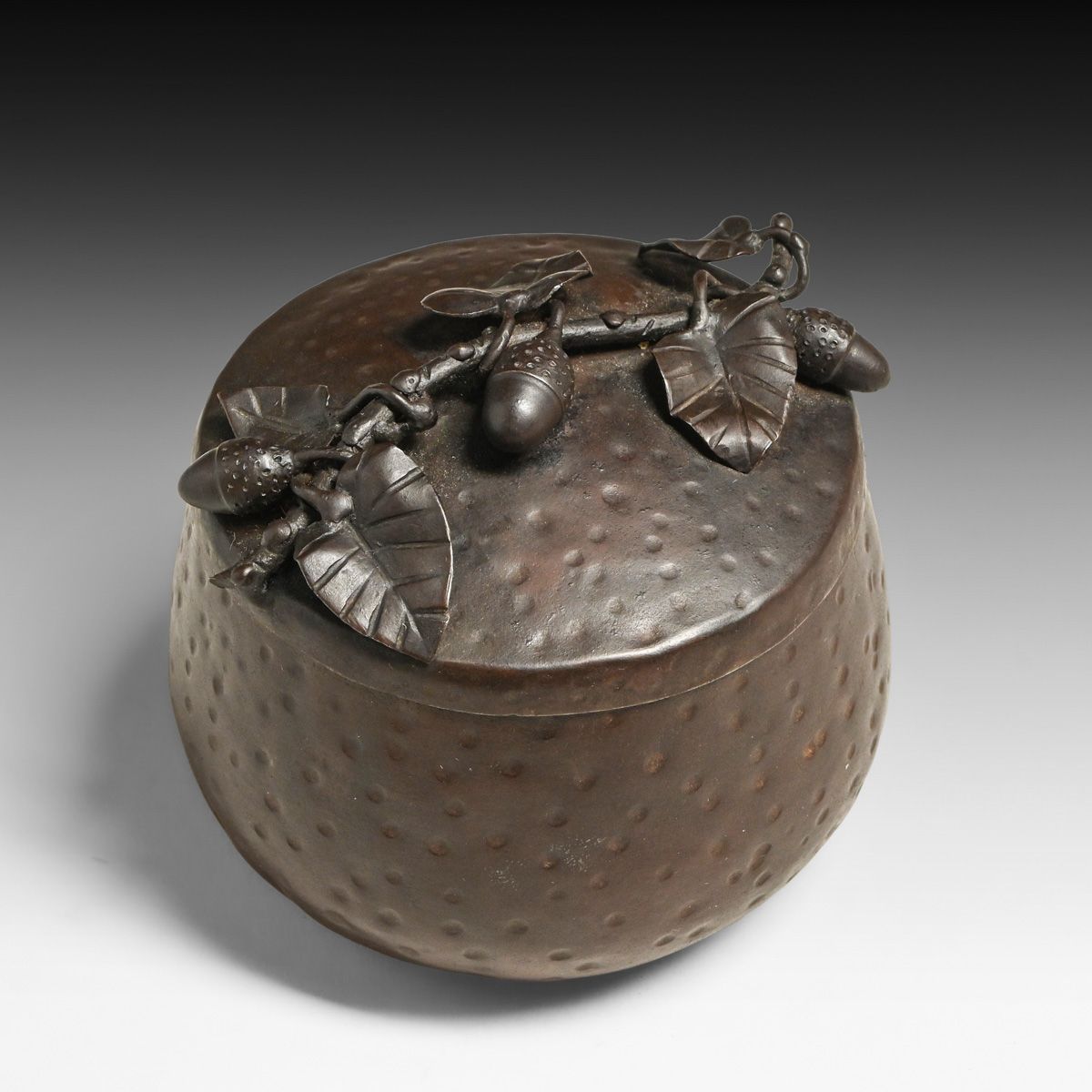 Arts & Crafts Period Acorn & Leaves Hand-Forged Iron Covered Box c1900s