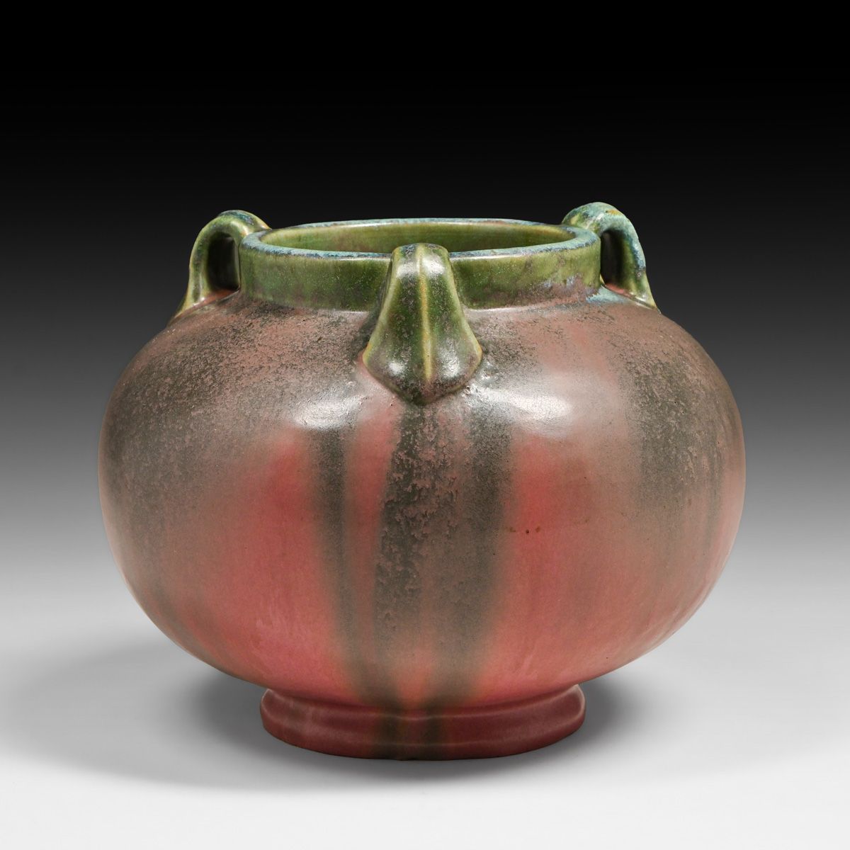 Fulper Pottery Chinese Green & Pink Matte Flambe Three-Handled Vase c1917-1920