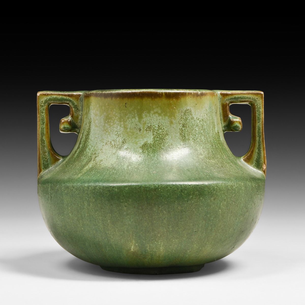 Fulper Pottery Matte Green & Leopardskin Two-Handled Vase c1910s