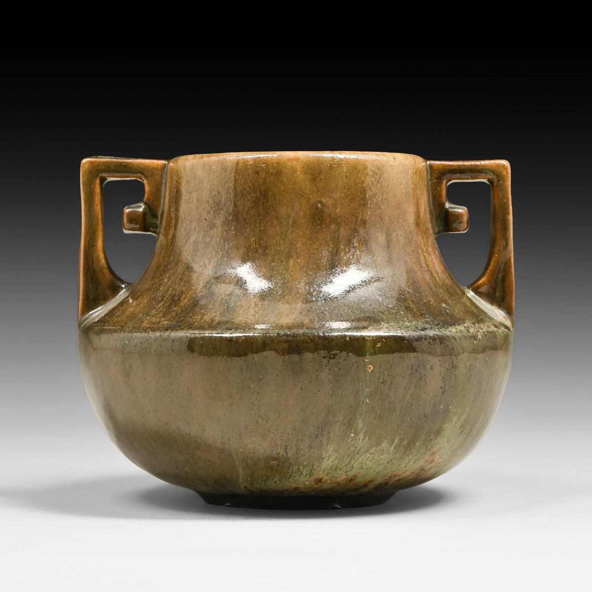Fulper Pottery Brown & Green Flambe Two-Handled Vase c1910s