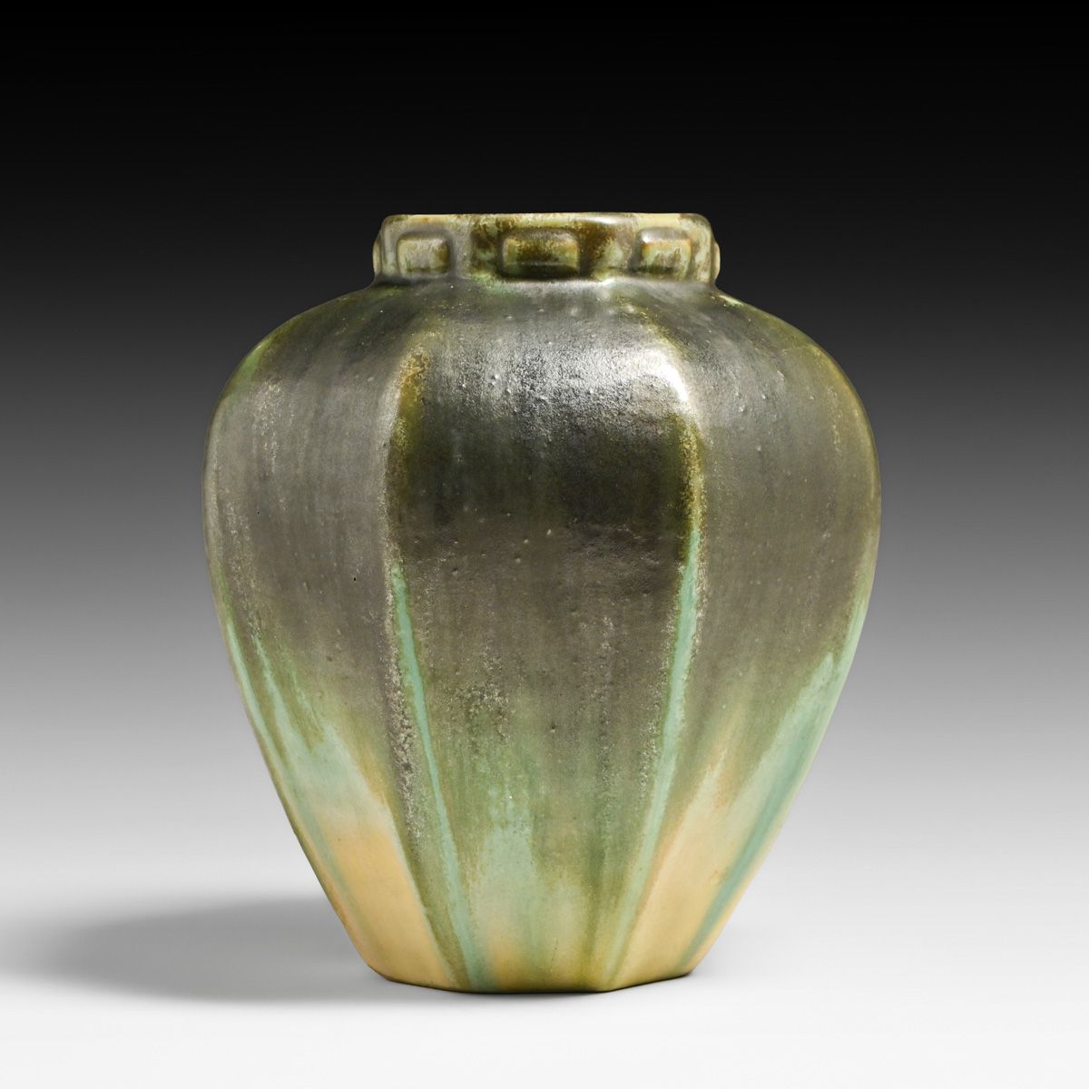 Fulper Pottery Dark Green & Ivory Flambe Eight-Sided Vase c1910s