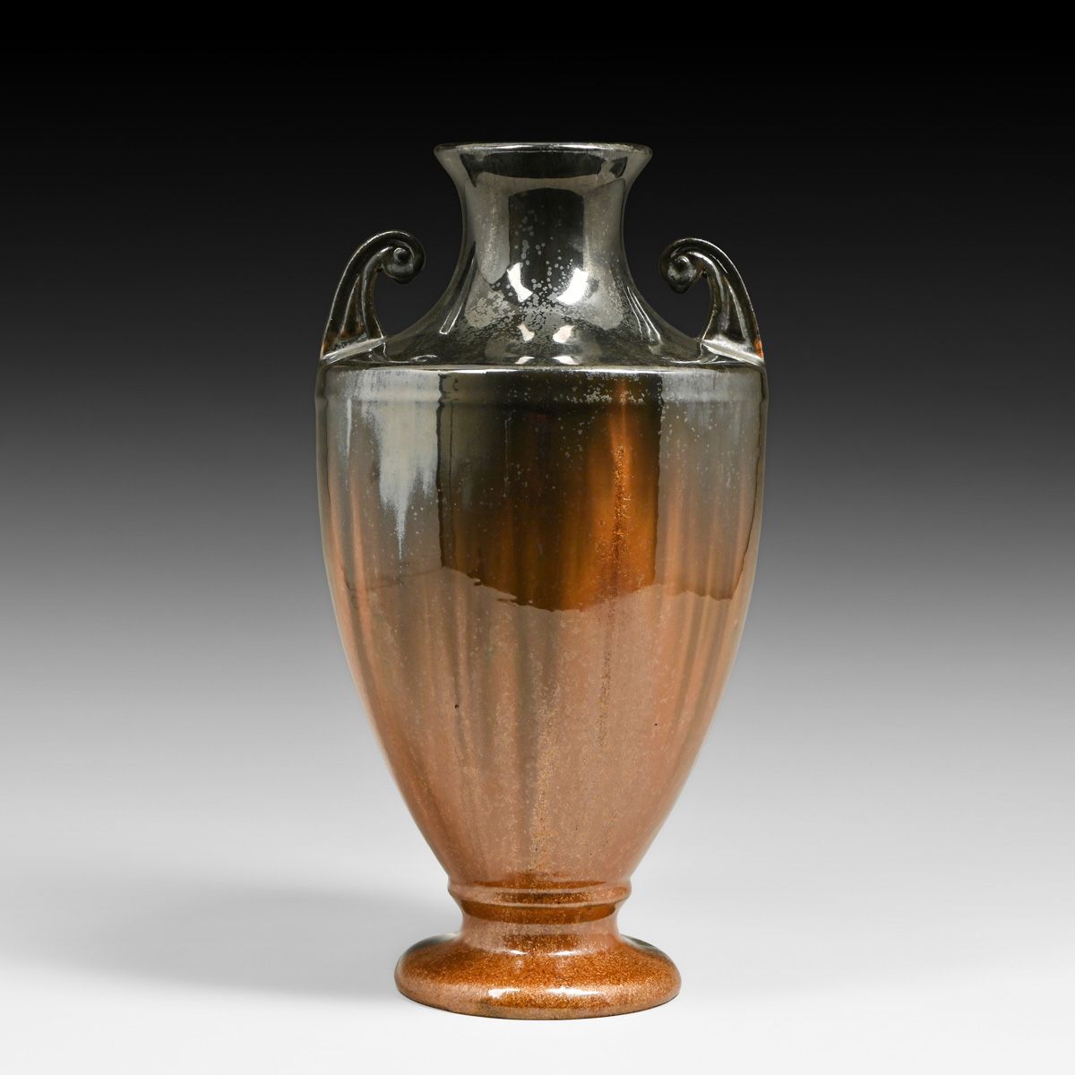 Fulper Pottery #608 Mirror Black & Copperdust Flambe Glaze Two-Handled Vase c1917-1920