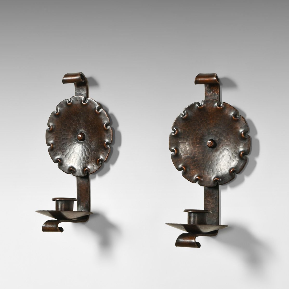 Pair Roycroft Hammered Copper Candle Sconces c1920s