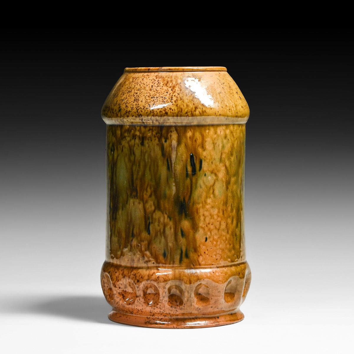 George Ohr (1857-1918) Speckled Brown, Ochre & Green Large Dimpled Vase c1895-1896