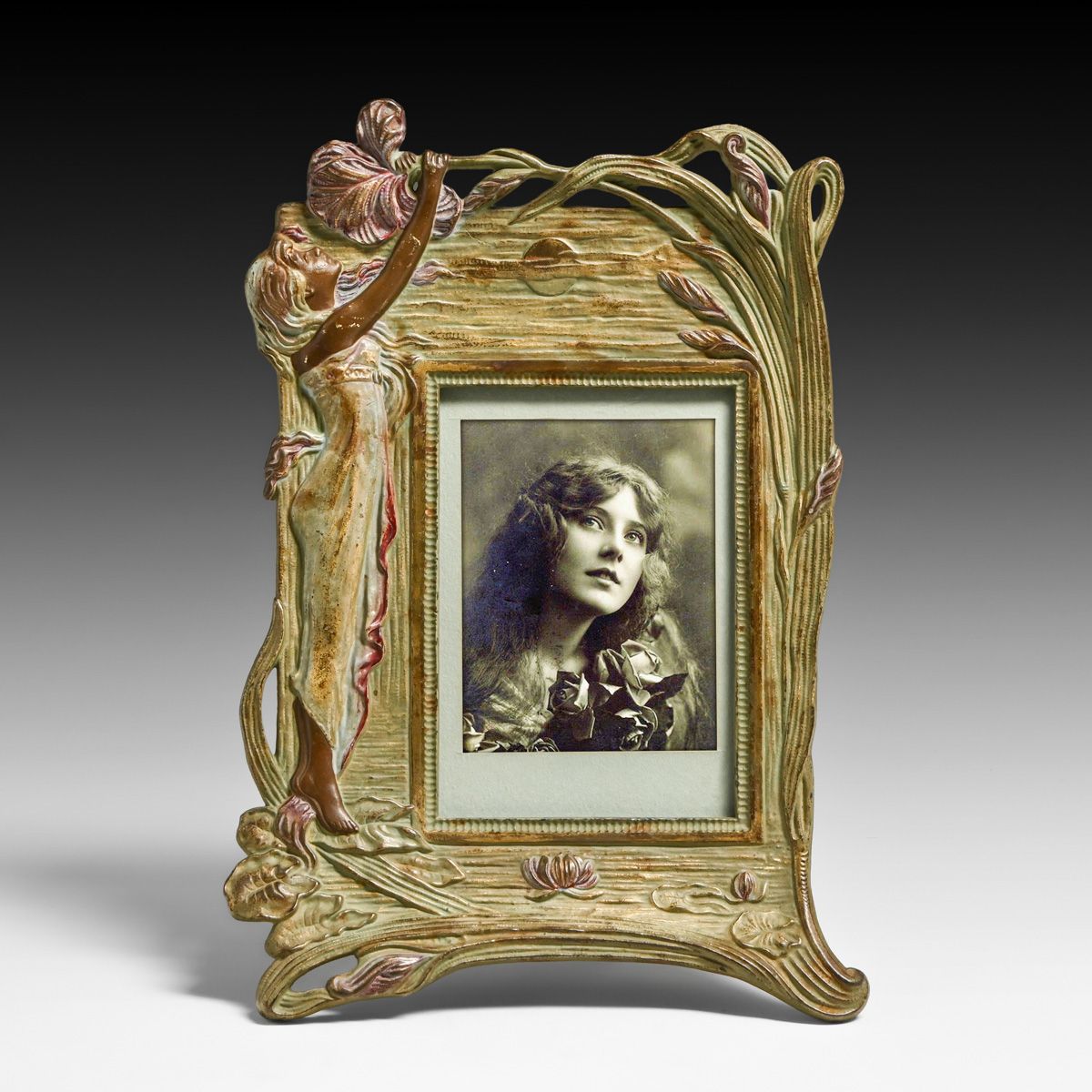 French Art Nouveau Hand-Painted Brass Picture Frame c1900s