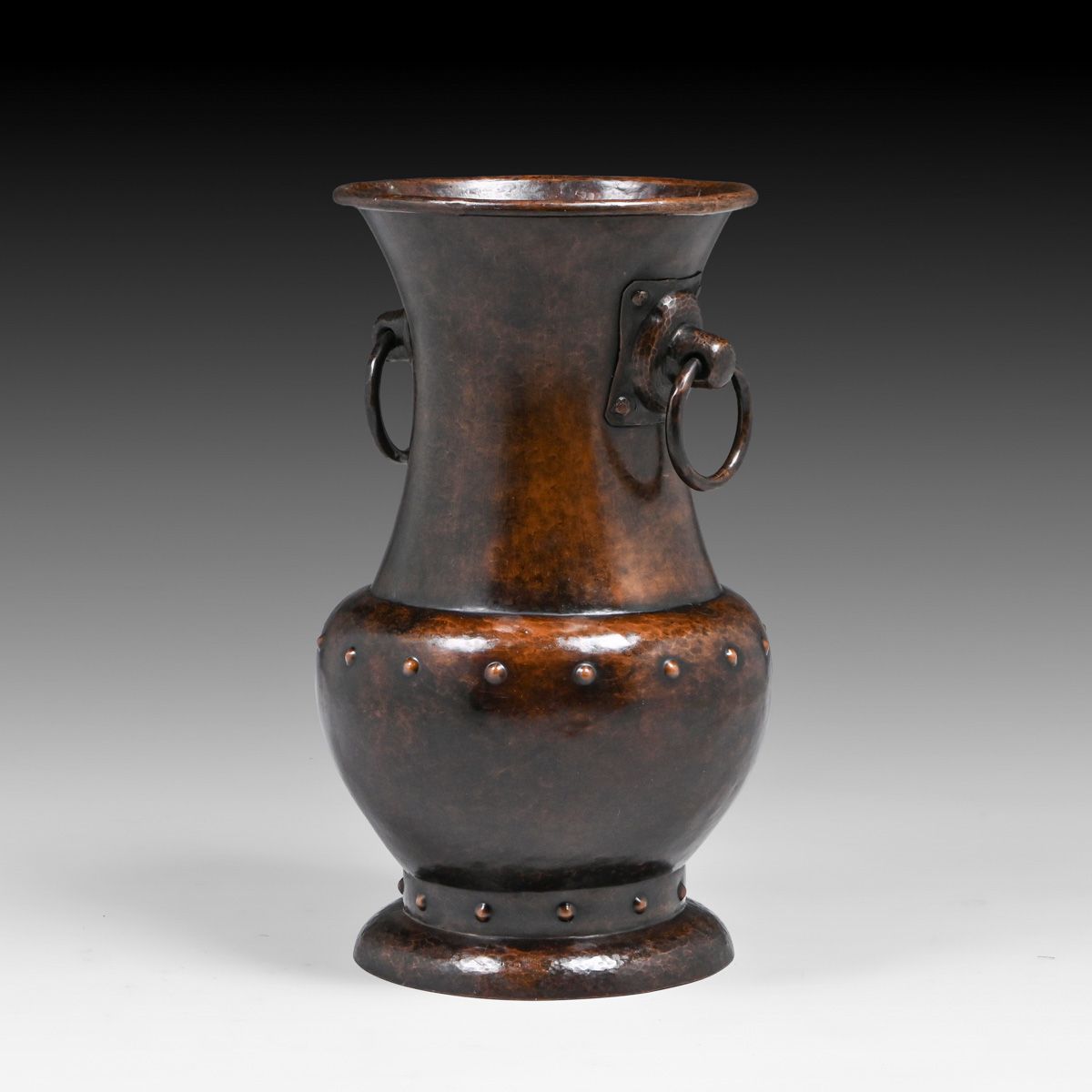 Large Stickley Brothers Hammered Copper Two-Handled Floor Vase c1910