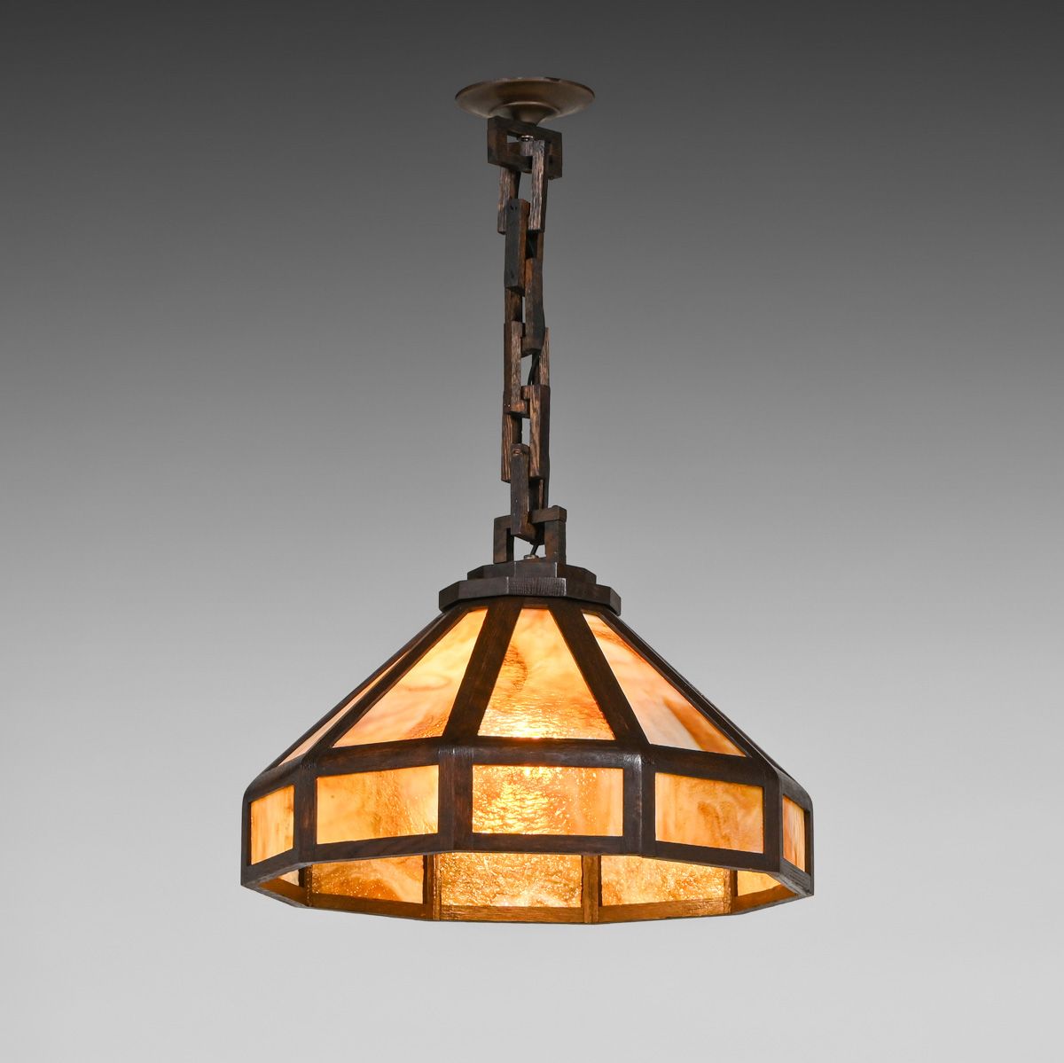 W.B. Brown Oak & Slag Glass Hanging Chandelier c1910