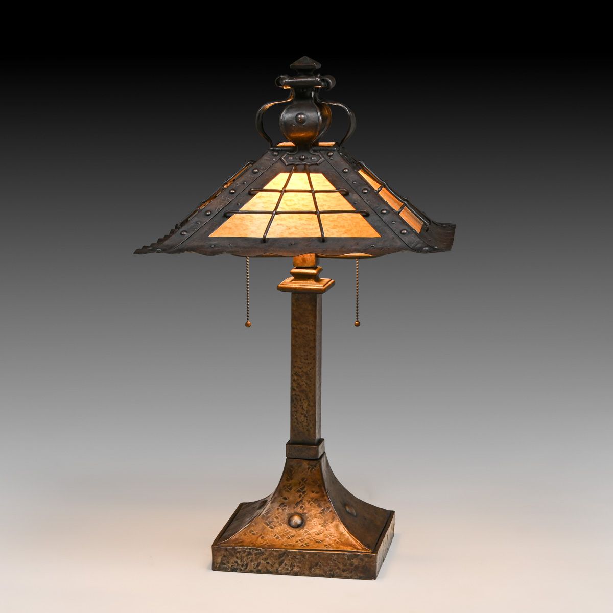 Arts & Crafts Period Hammered Copper, Iron & Slag Glass Lamp c1910