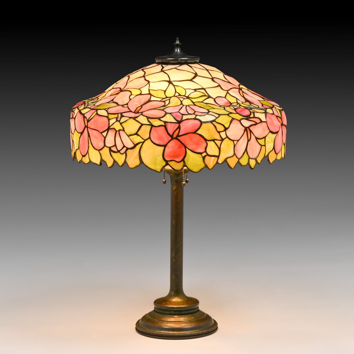 Large Unique Hibiscus Leaded Glass Lamp c1910