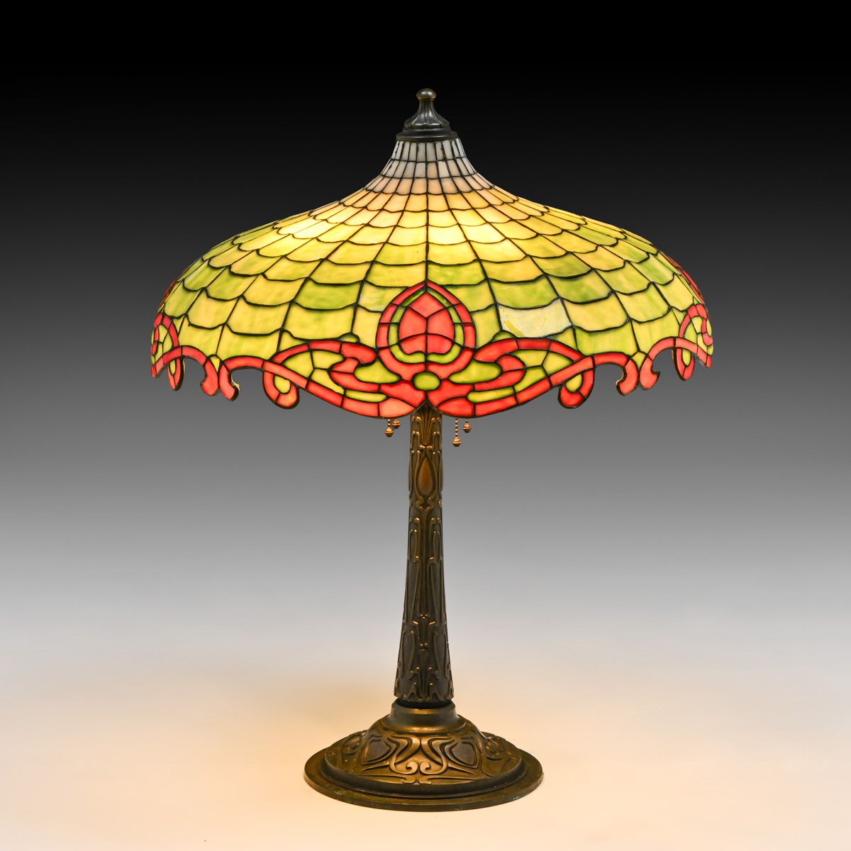 Gorham/Amboy Works Green & Red Leaded Glass Lamp c1905