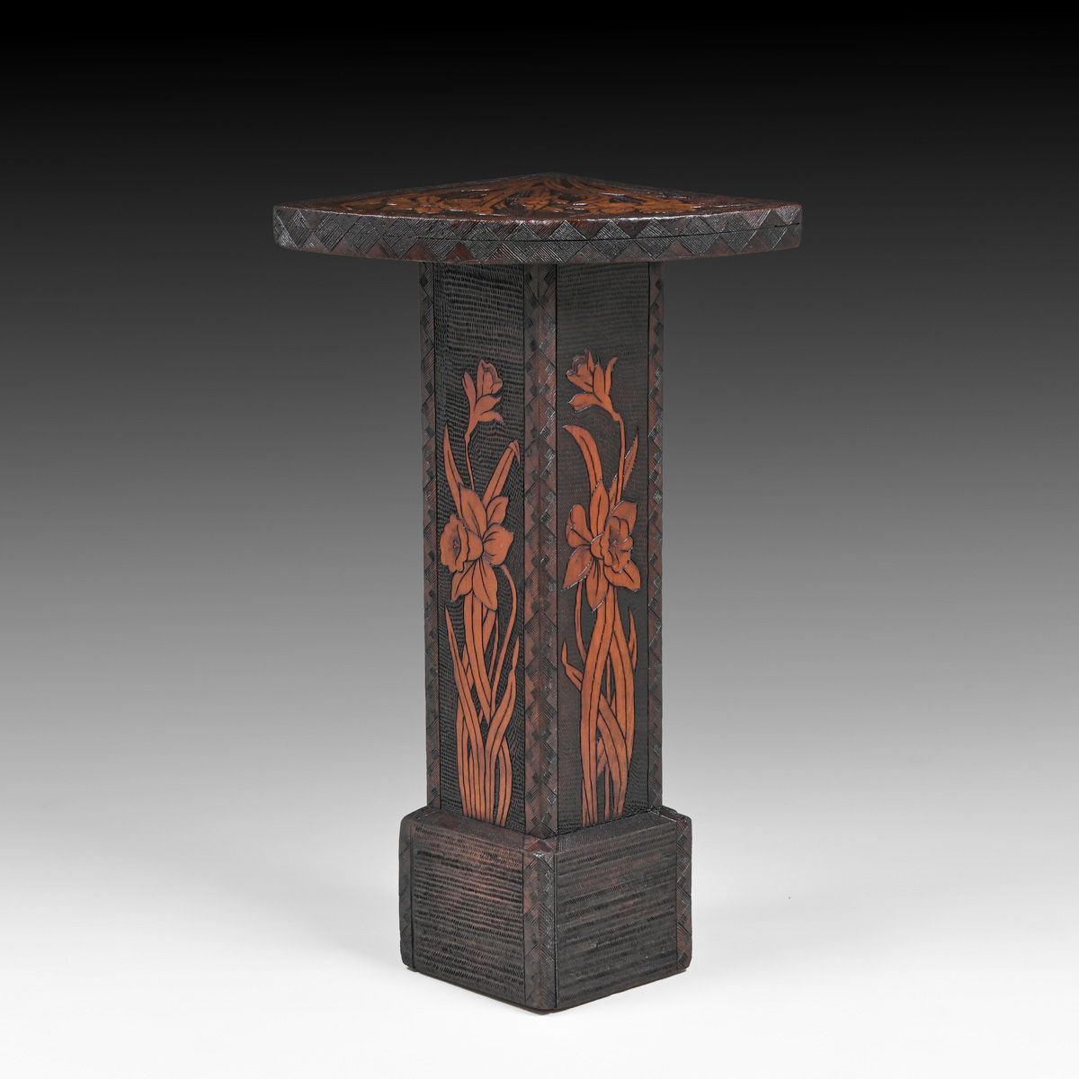 Arts & Crafts Period Pyrography Corner Pedestal c1910