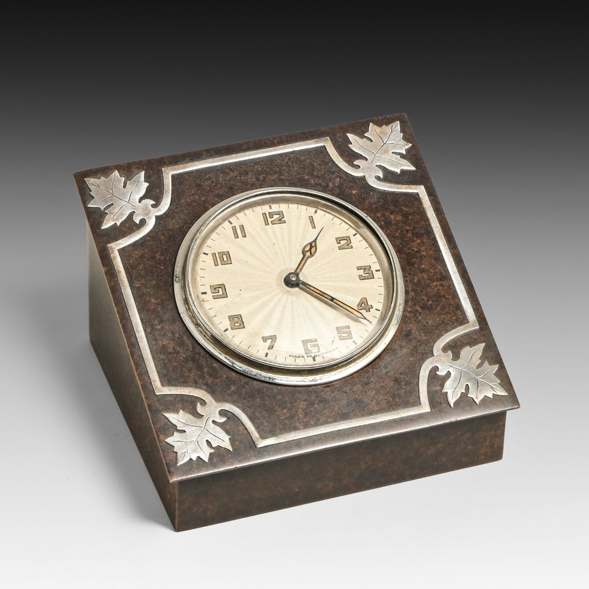 Silvercrest Sterling Silver on Bronze Maple Leaf Desk Clock c1920s