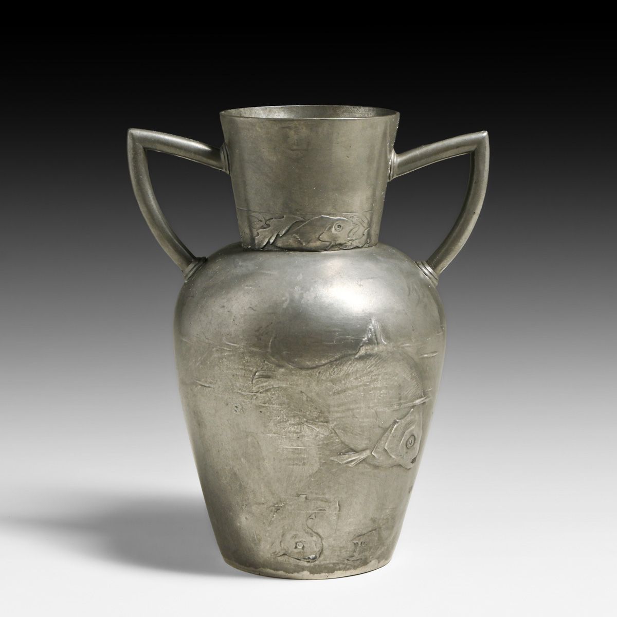 Kayserzinn - German Art Nouveau Two-Handled Repousse Waterlilies Pewter Vase c1900
