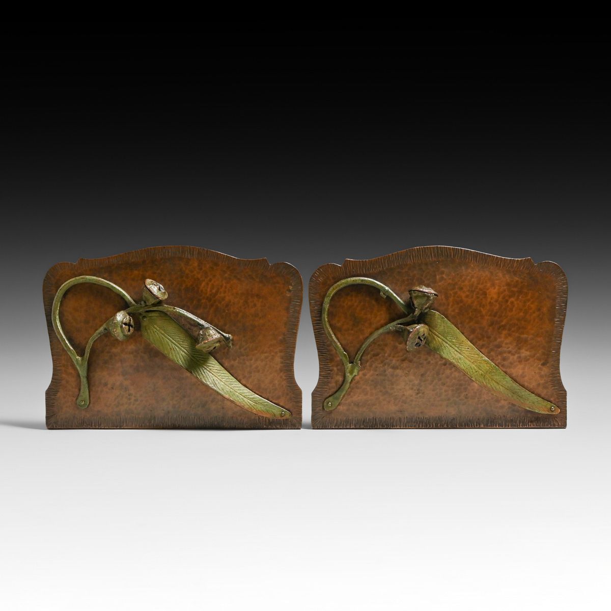 Important Fred Brosi "Ye Olde Copper Shoppe" Eucalyptus Bookends c1917-1922