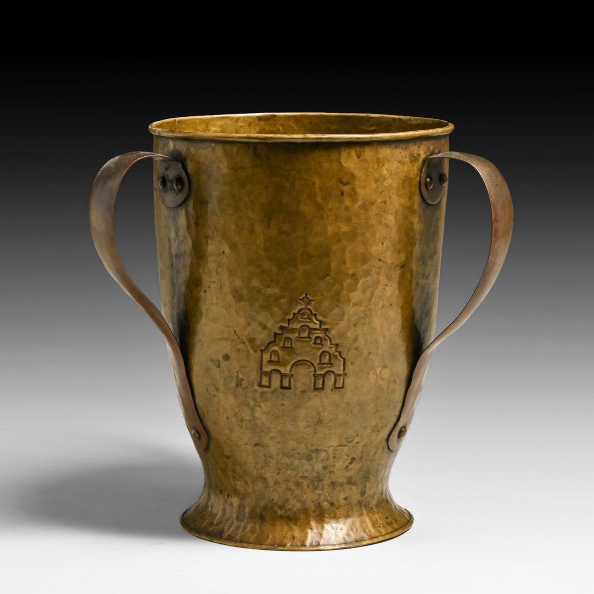 Glenwood Mission Inn Hammered Brass Three-Handled Vase c1910s