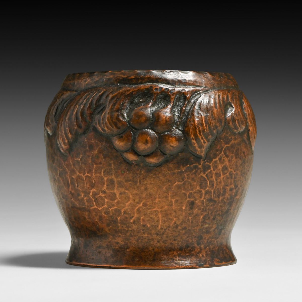 Arts & Crafts Period Grapevine Repousse Hammered Copper Vase c1900s