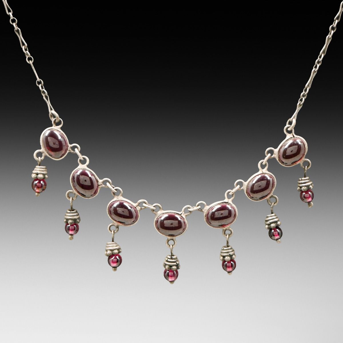 Arts & Crafts Period Sterling Silver & Garnet Cabochon Festoon Necklace c1910