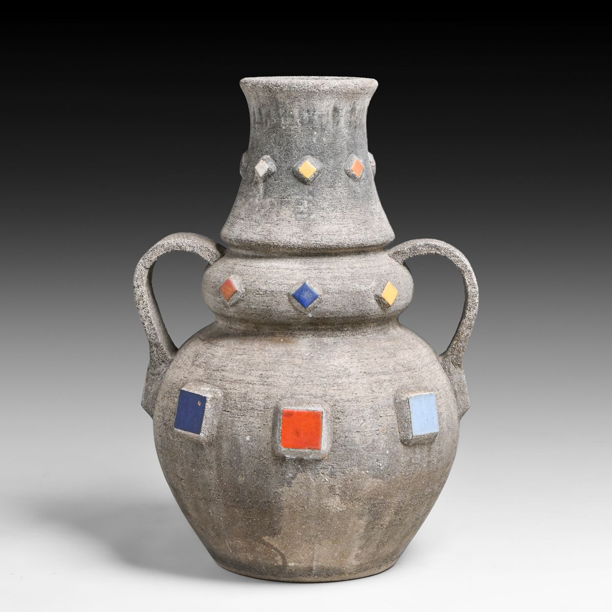 Tall Hillside Pottery Two-Handled Diamond & Square Tile Cement Garden Vase c1930