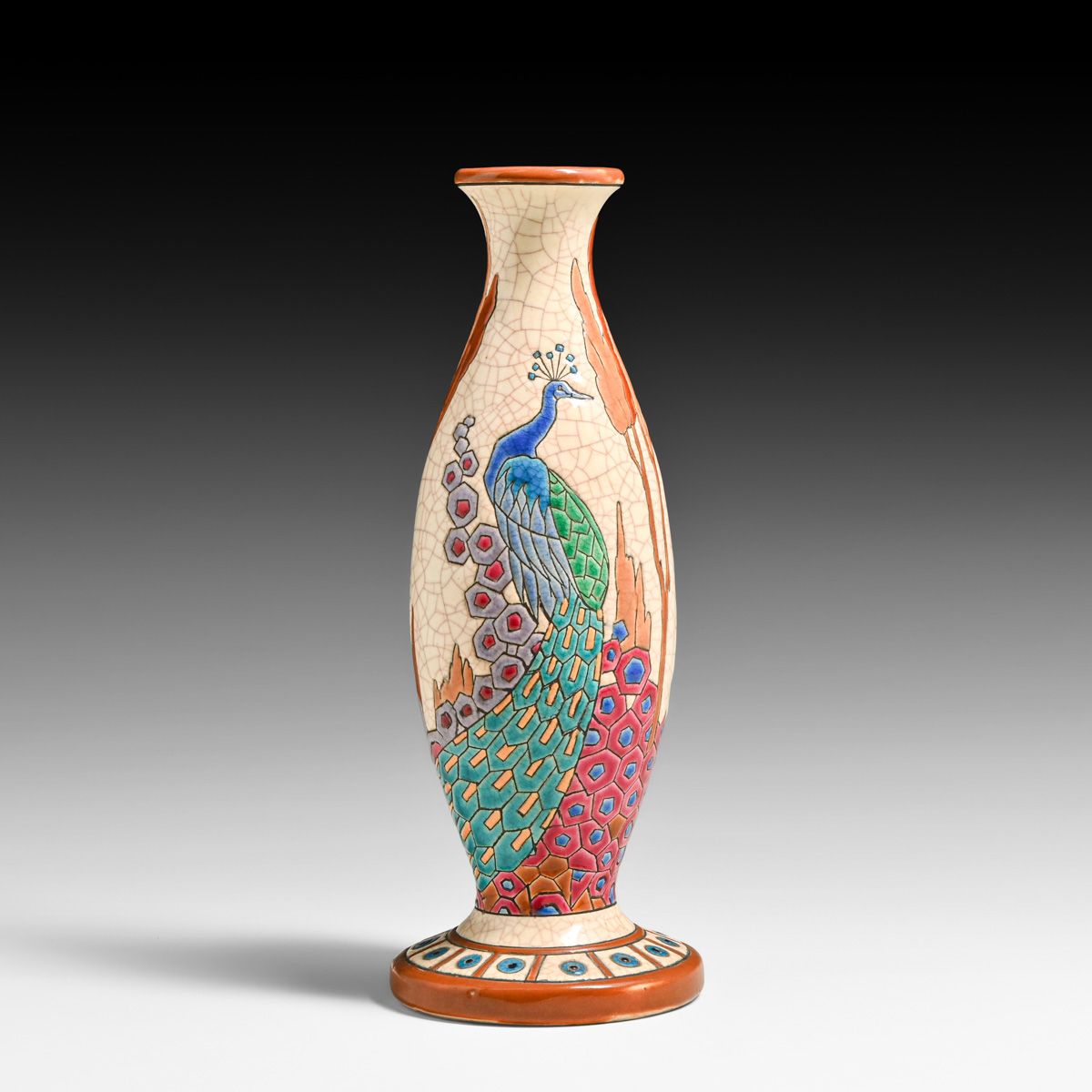Emaux de Longwy - French Art Deco Peacock Polychrome Enamel Vase c1920s