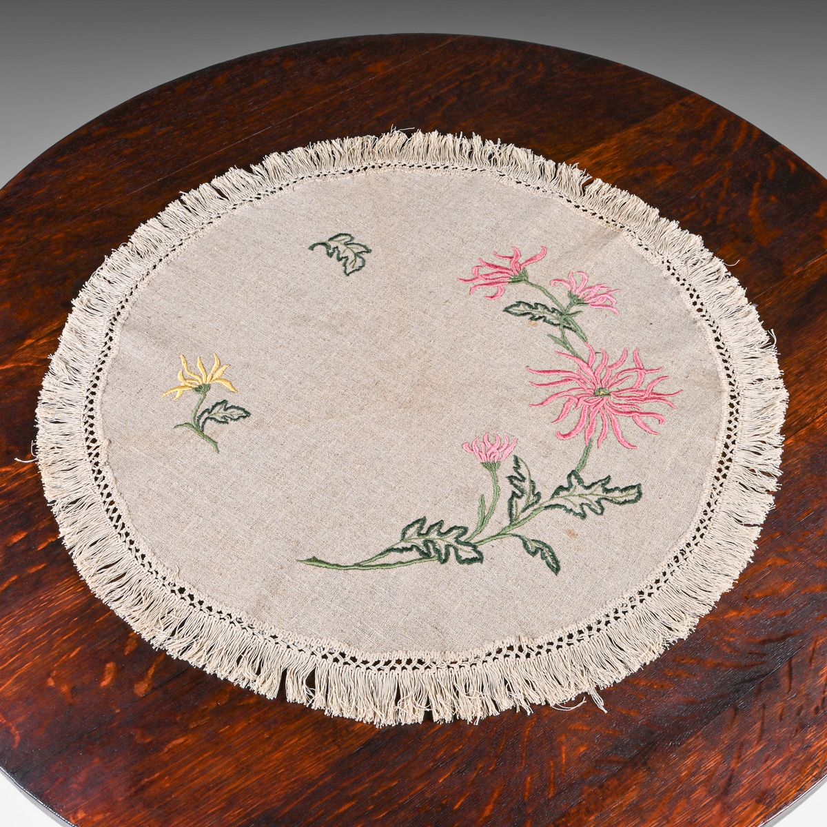 Arts & Crafts Period Hand Embroidered Round Linen c1910
