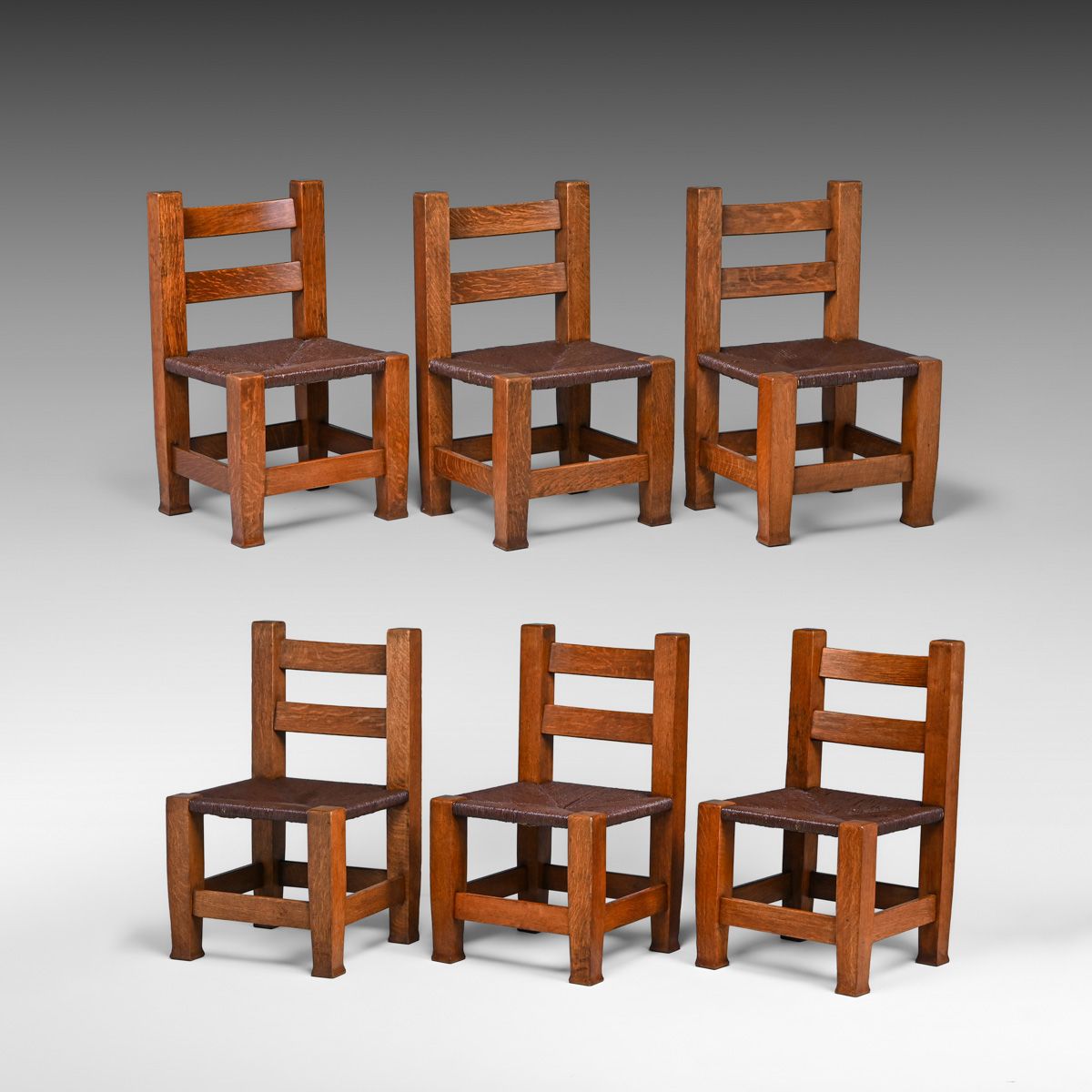Early Michigan Chair Co Bernard Maybeck Designed Set of 6 Oak Side Chairs c1898