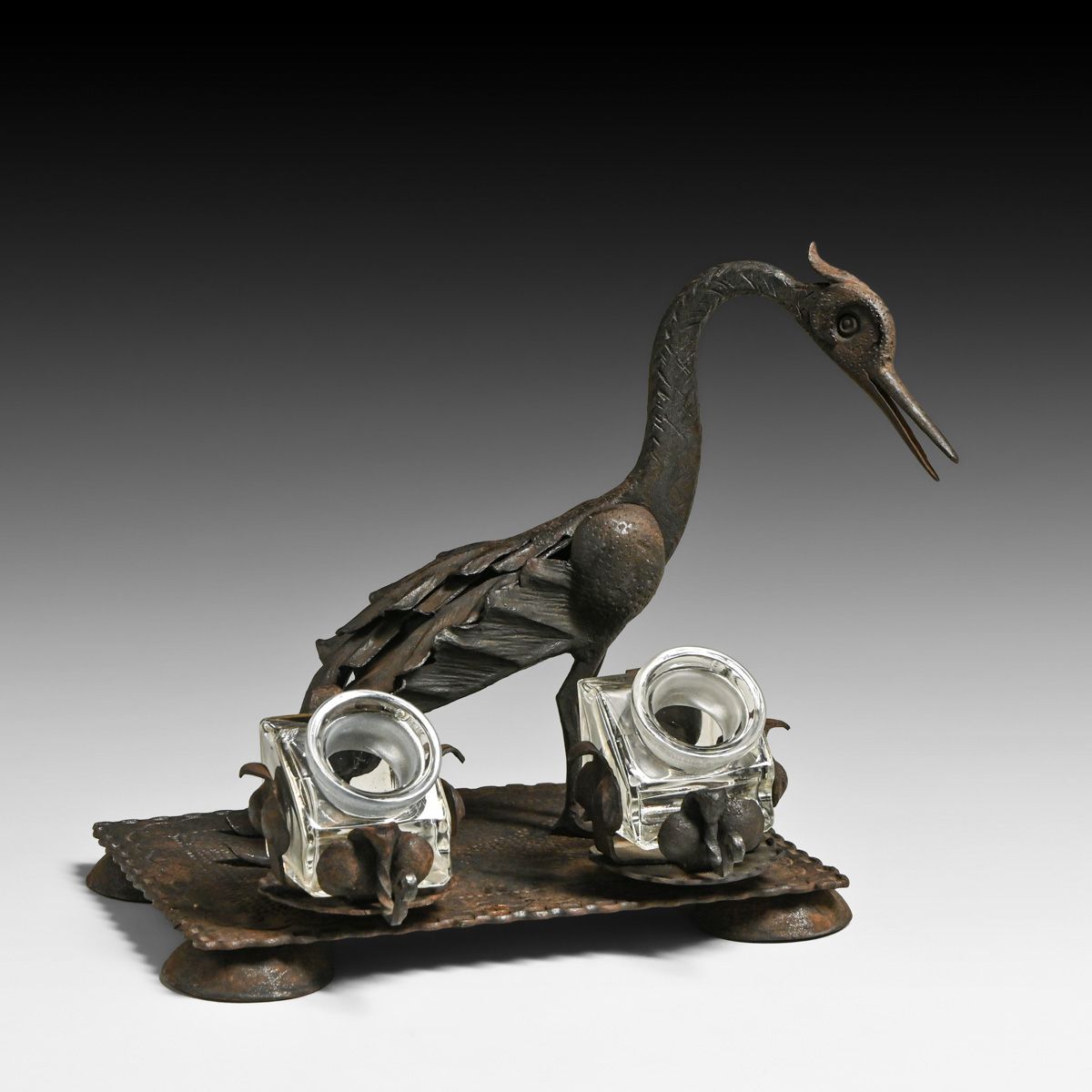 German Secessionist - Jugendstil Wrought-Iron Crane Inkwell Desk Piece c1900s