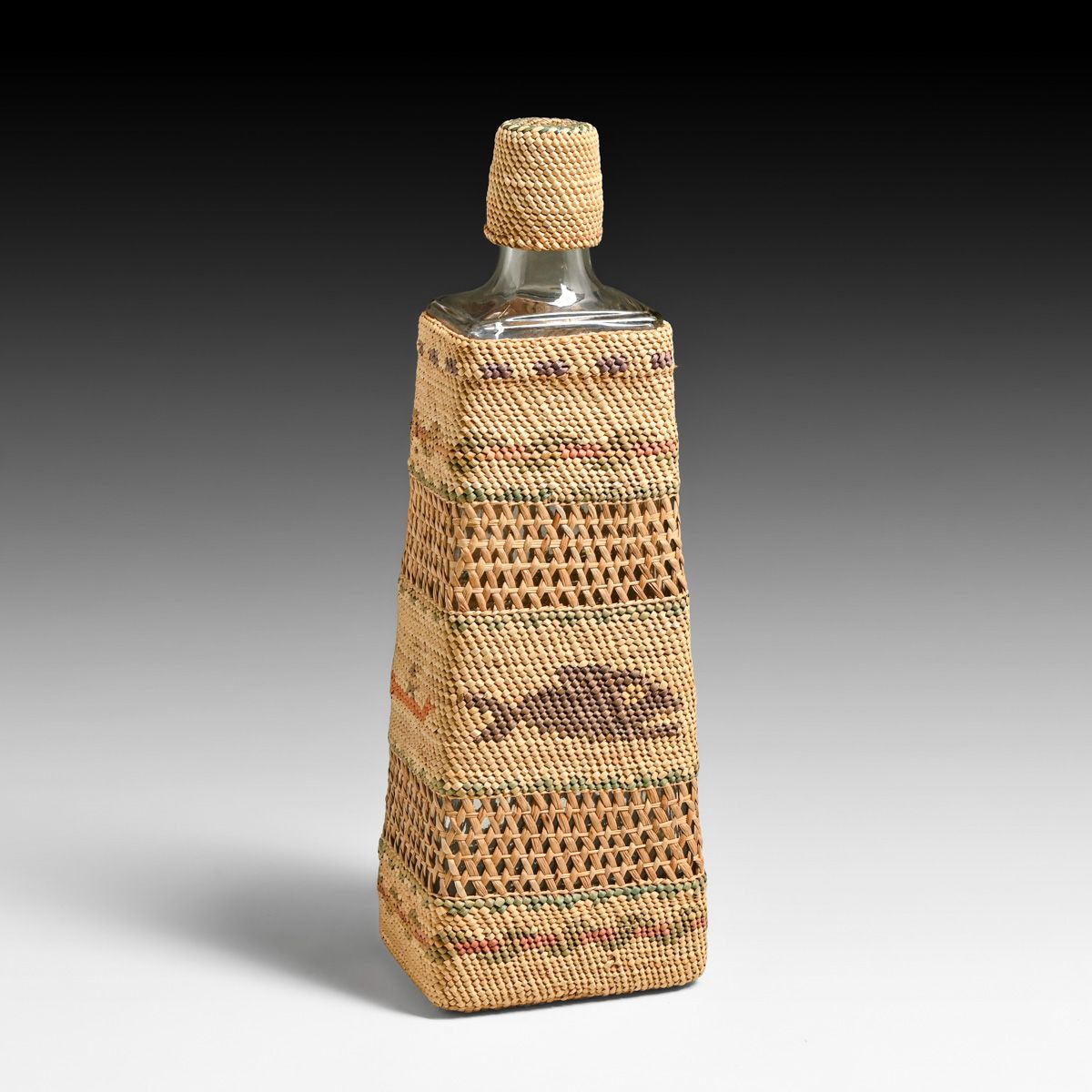 Pacific Northwest Makah / Nootka Hand-Woven Whaling Scene Tapered Bottle Basket & Original Lid c1890s