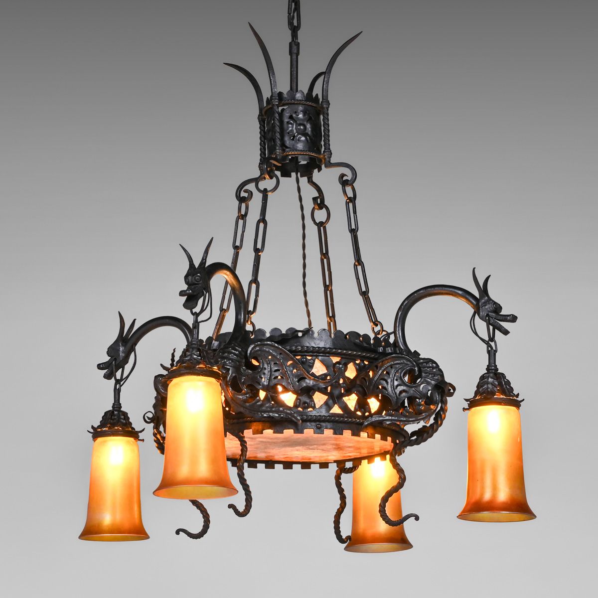 French Gothic Revival Art Nouveau Hand-Forged Iron Dragon Chandelier c1900s