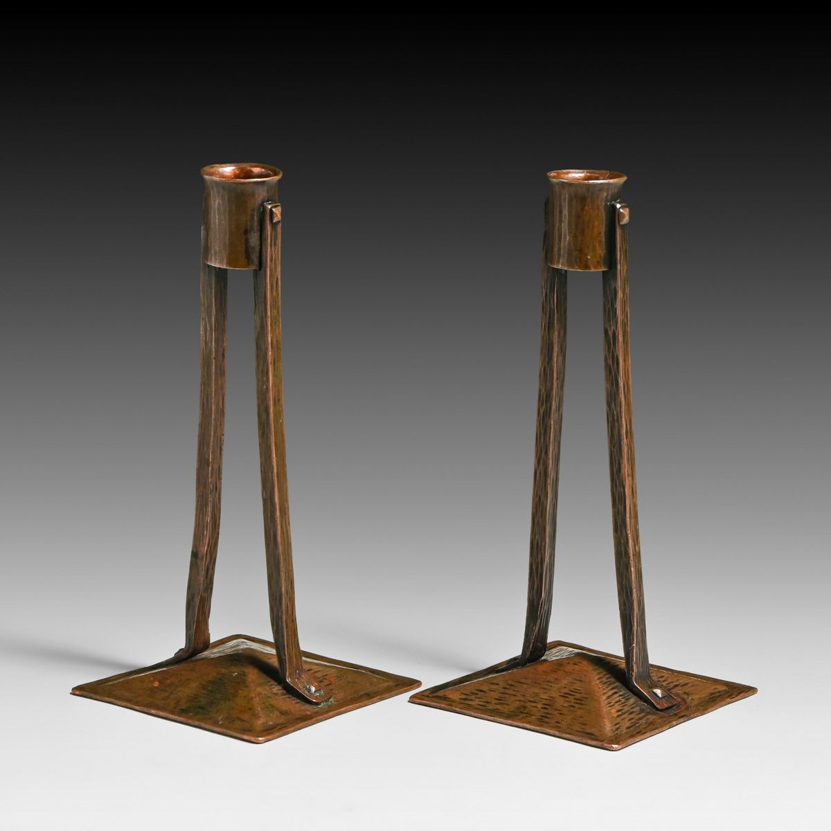 Karl Kipp Hammered Copper "Princess" Candlesticks c1915
