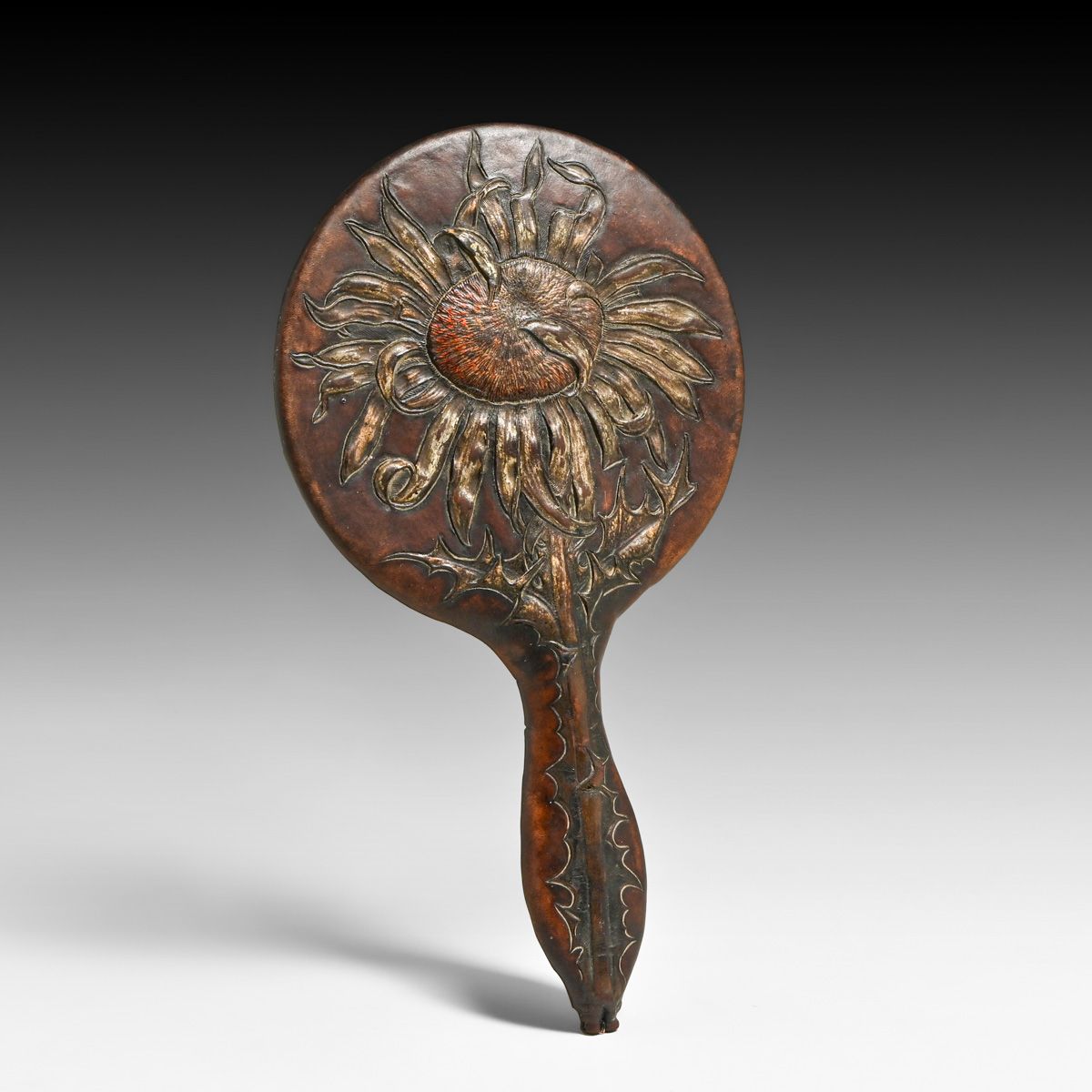 Georg Hulbe - German Art Nouveau Tooled Leather Hand Mirror c1900
