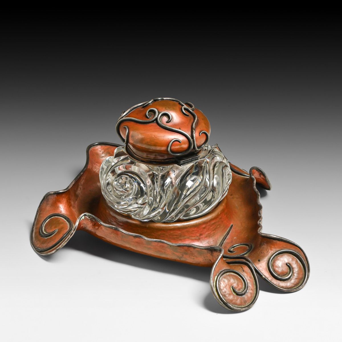 Joseph Heinrichs Hammered Copper & Silver Inkwell & Tray c1905