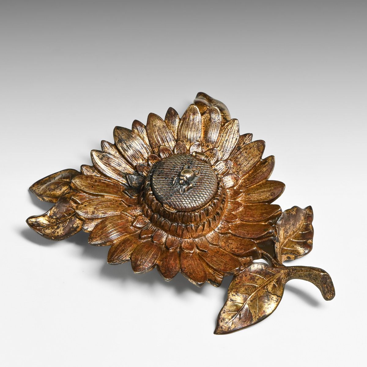 French Art Nouveau Sunflower & Bumble Bee Gilt Inkwell c1910
