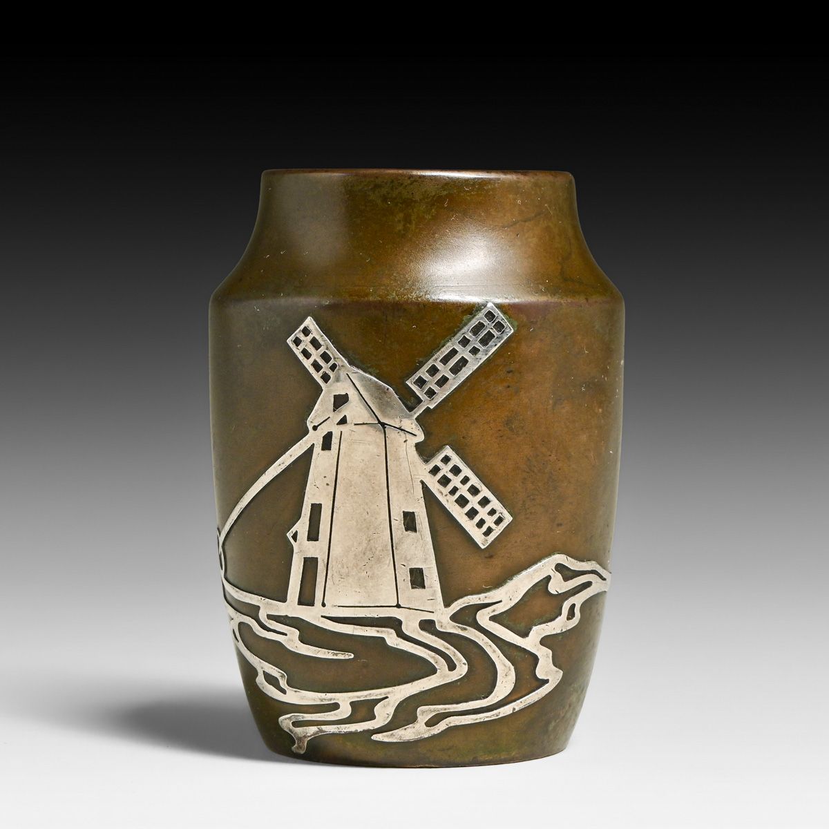 Heintz #3642 Sterling on Bronze Windmill Vase c1915