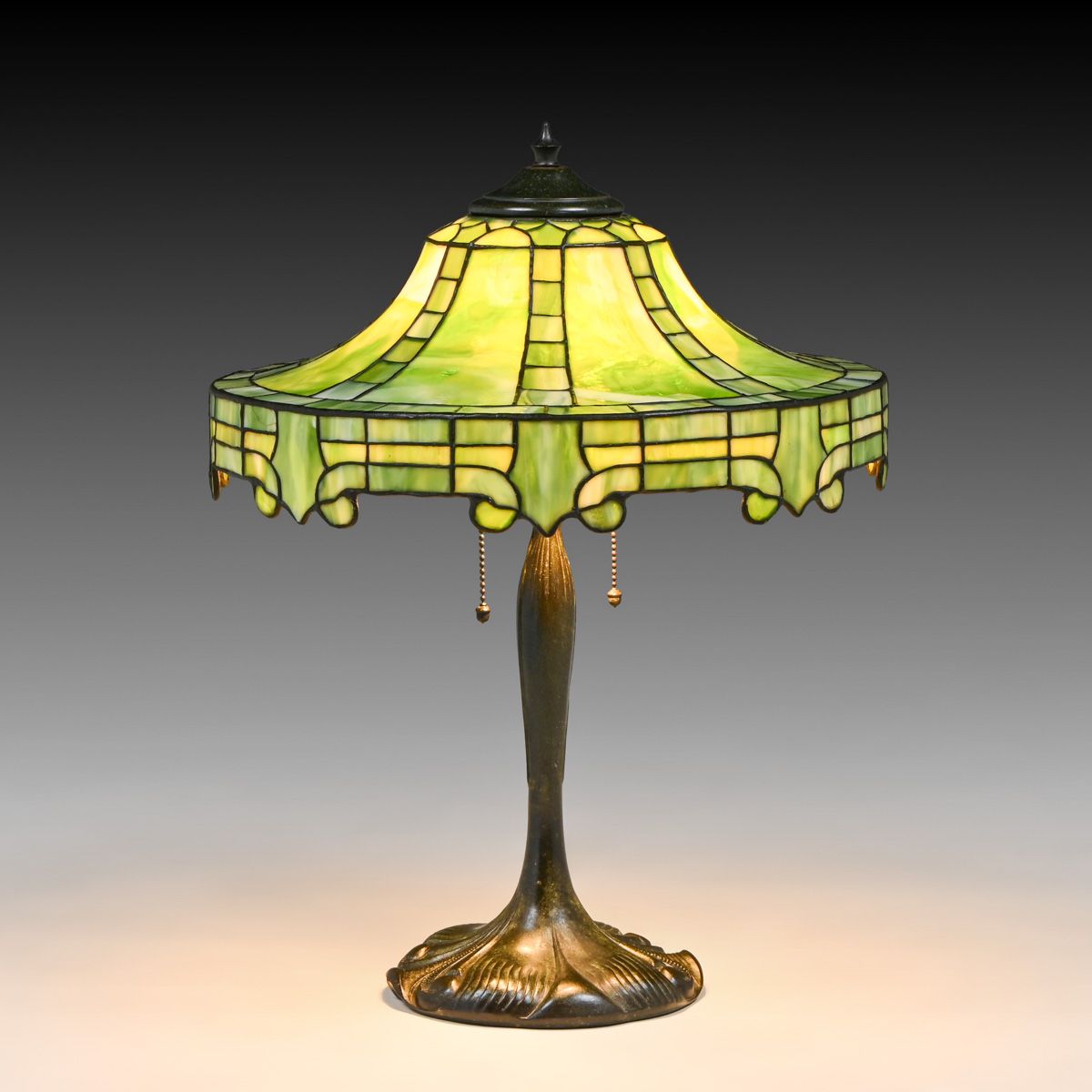 Gorham/Amboy Works Green & Yellow Leaded Glass Lamp c1905