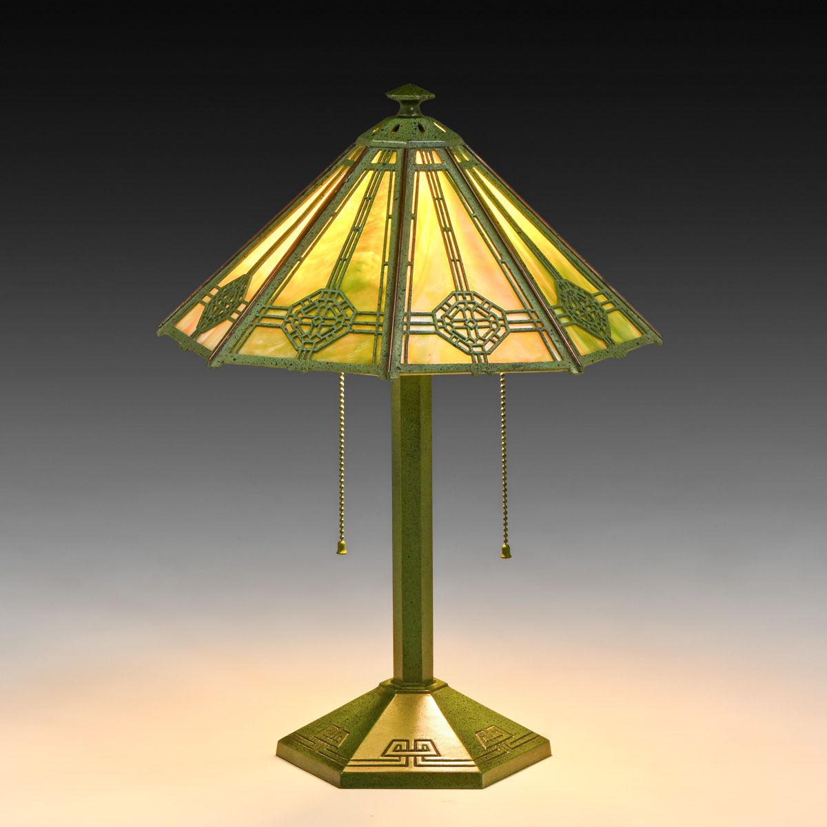 Bradley & Hubbard Hexagonal Slag Glass Overlay Lamp c1915