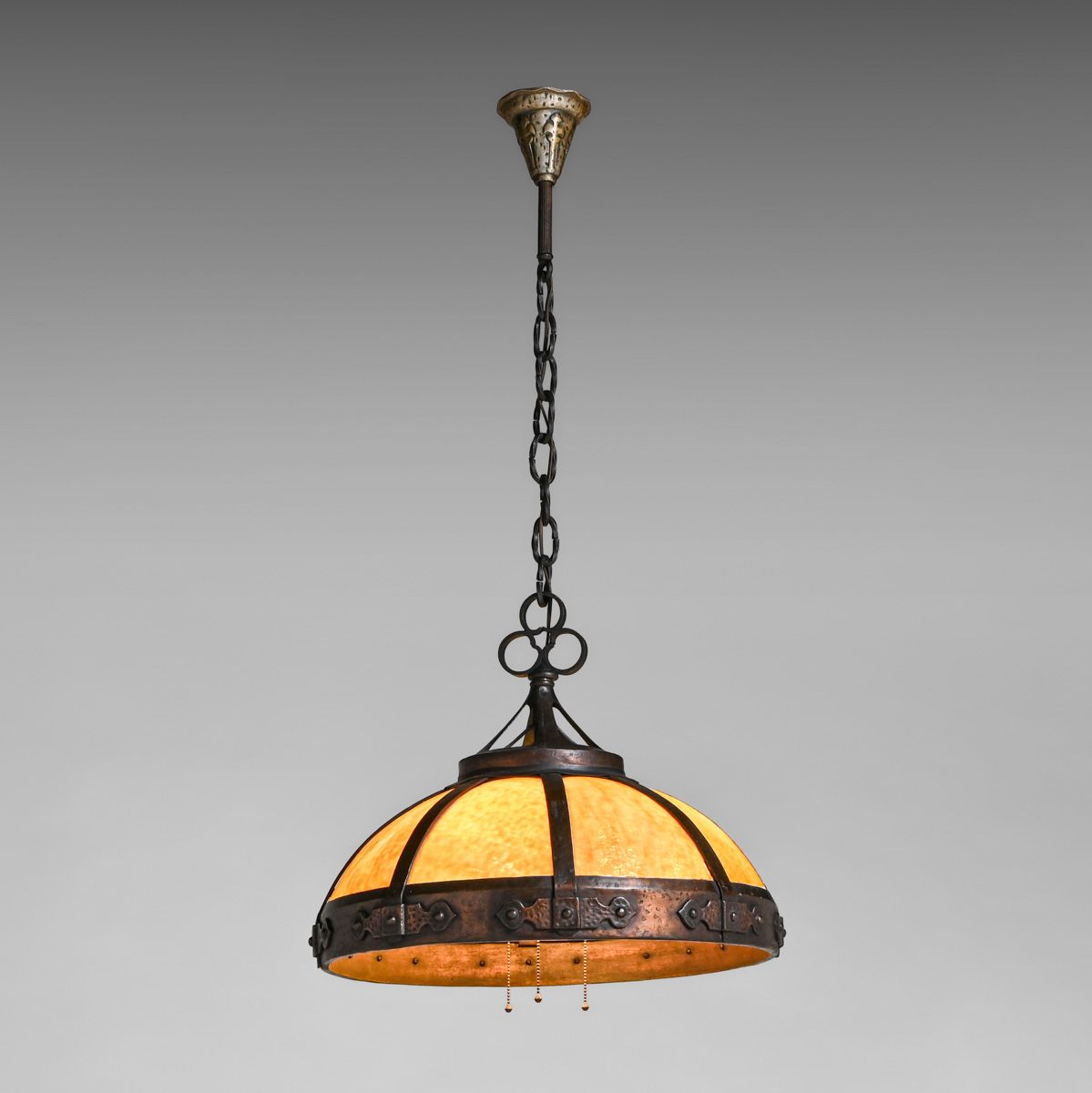 Arts & Crafts Period Copper & Curved Slag Glass Chandelier c1910