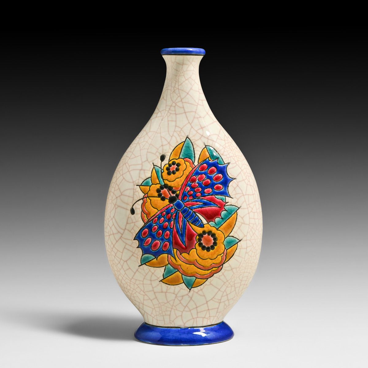 Emaux de Longwy - French Art Deco Butterfly Polychrome Enamel Vase c1920s