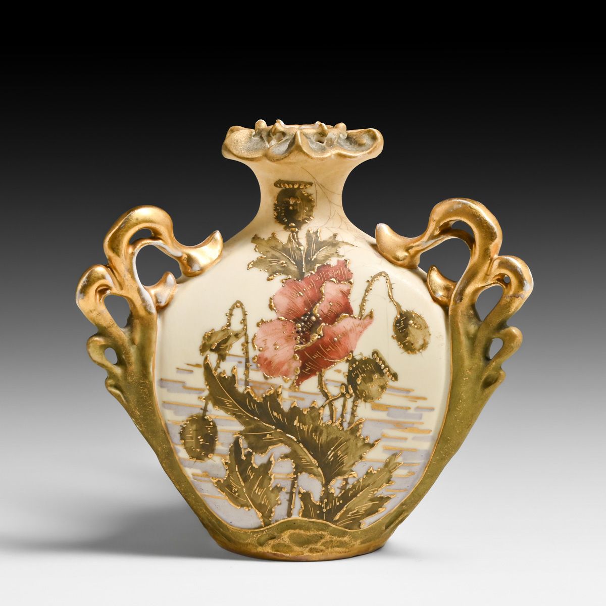 Rare Ott & Brewer - Trenton, NJ American Belleek Three-Handled Porcelain Poppies Vase c1880s