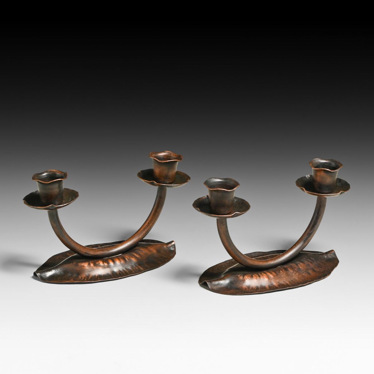 Pair Craftsman Studios - Laguna Beach #727 Hammered Copper Double Candlesticks c1930s