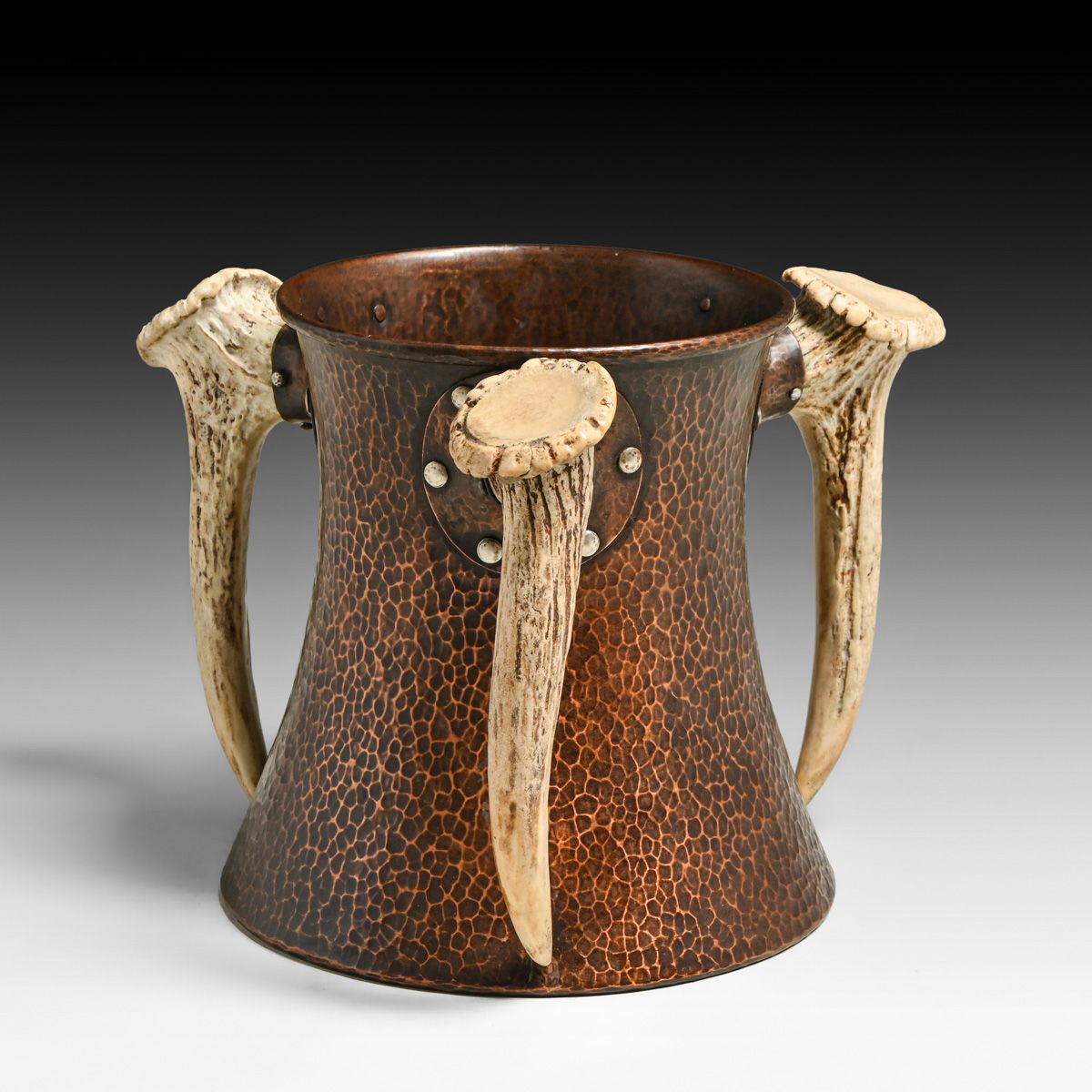 Joseph Heinrichs Hammered Copper, Sterling Silver & Antler Handle Vase c1905