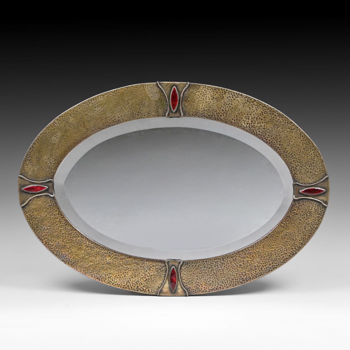 English Arts & Crafts Hammered Brass & Enamel Oval Mirror c1900s