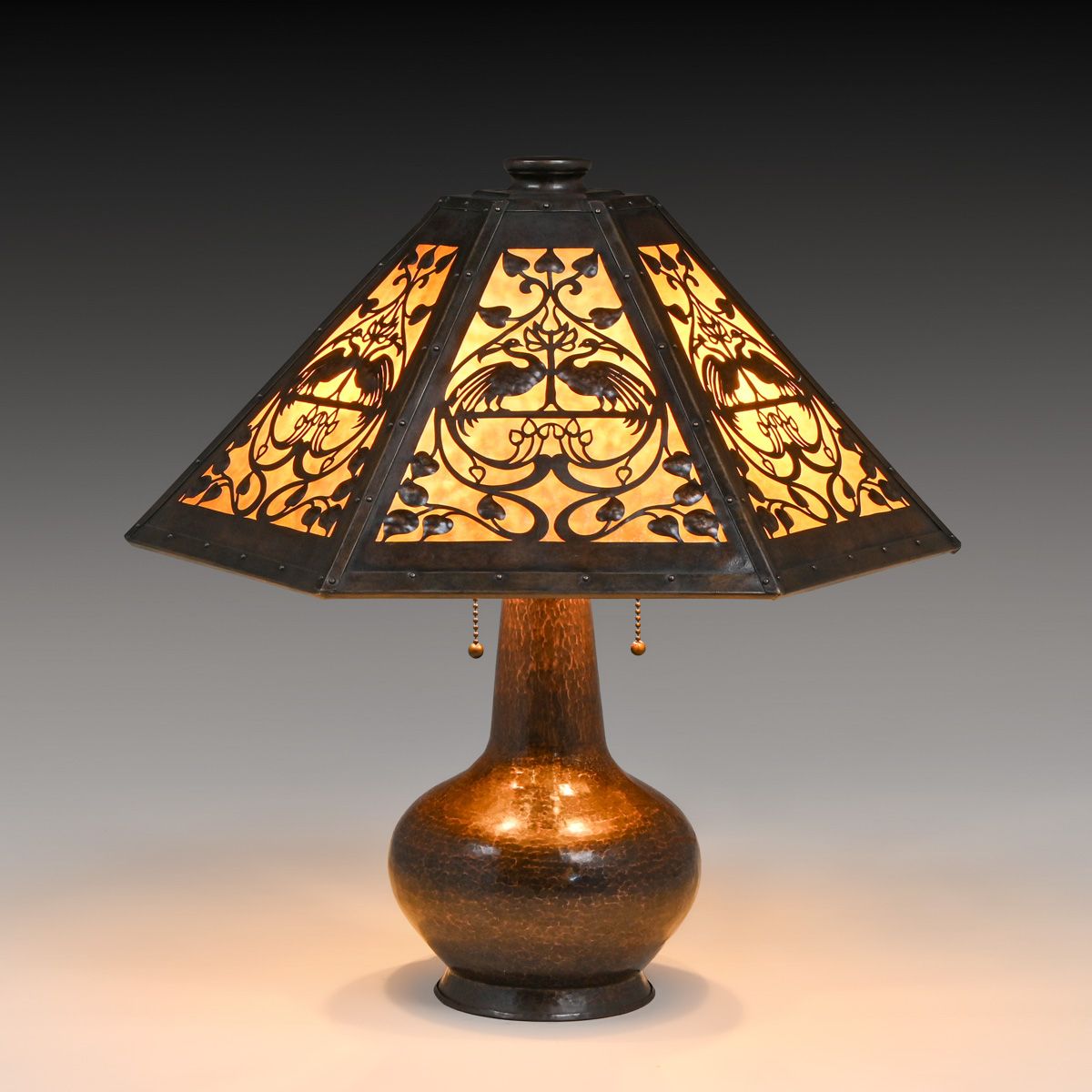 Stickley Brothers Hammered Copper & Slag Glass Cutout Double Peacock Lamp c1910