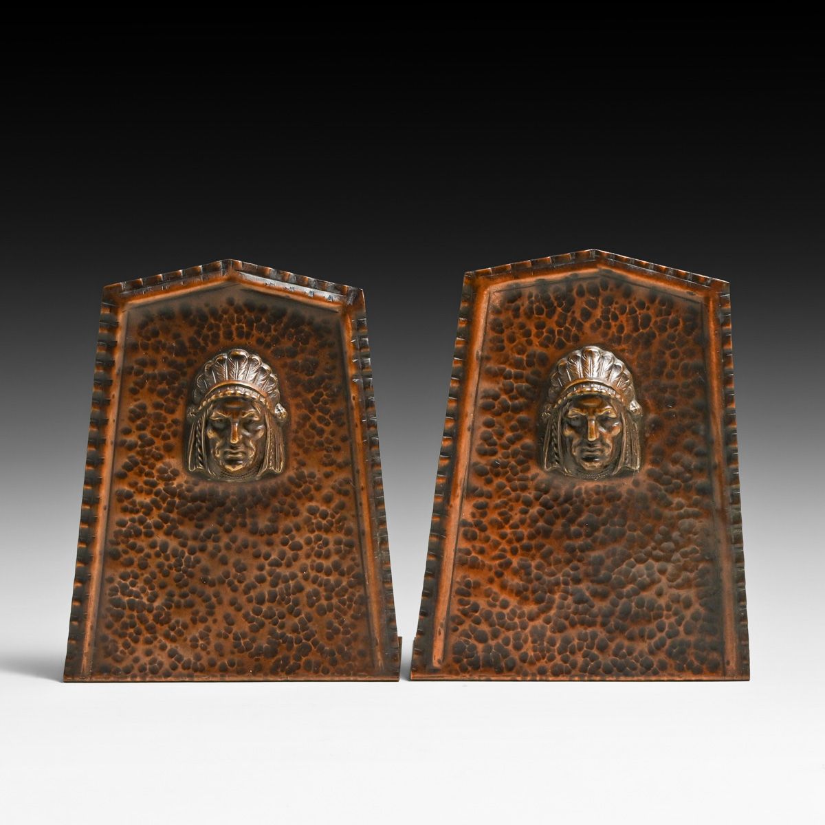 Arts & Crafts Period Hammered Copper Native American Bookends c1910