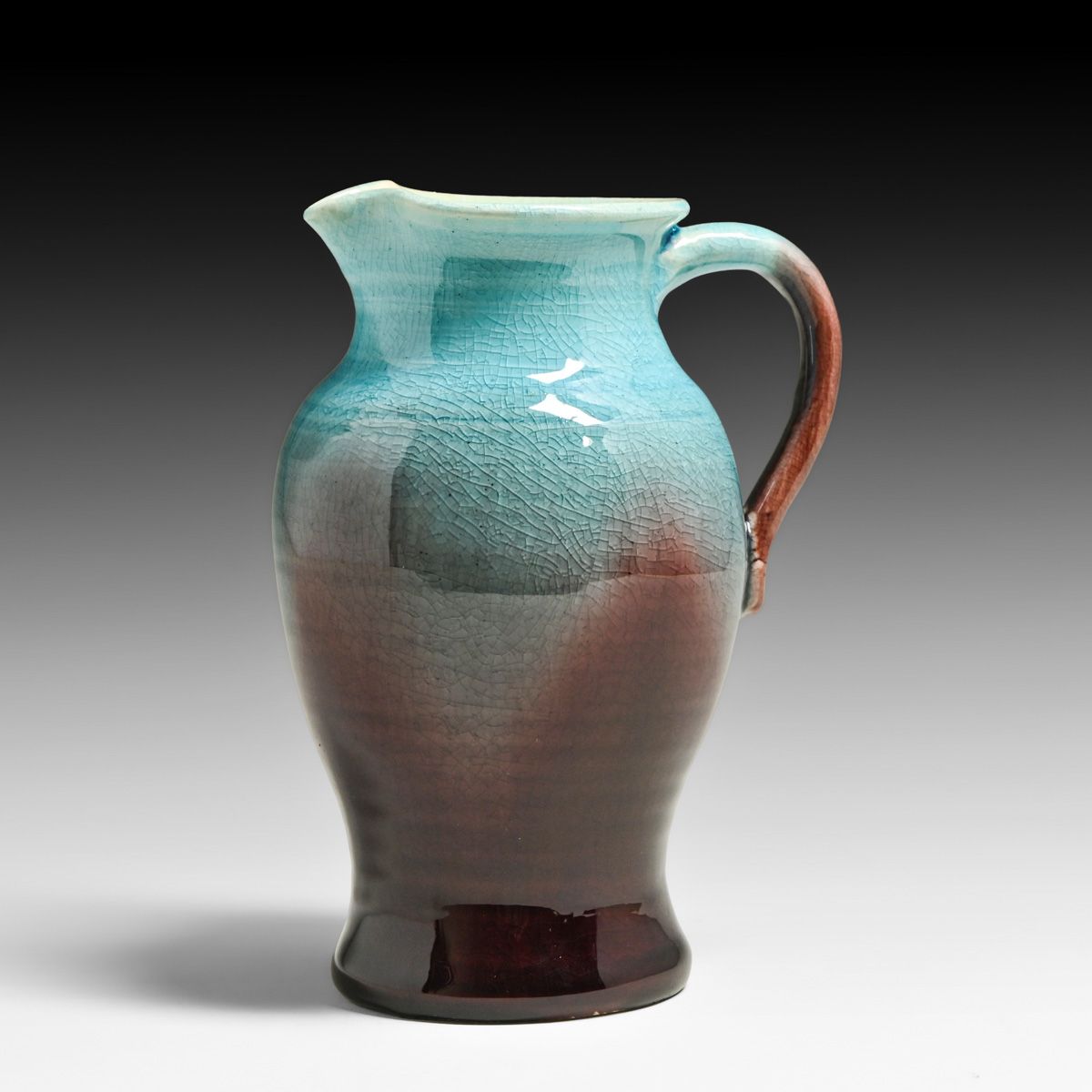Pisgah Forest Turquoise & Aubergine Crackle Glaze Pitcher 1949