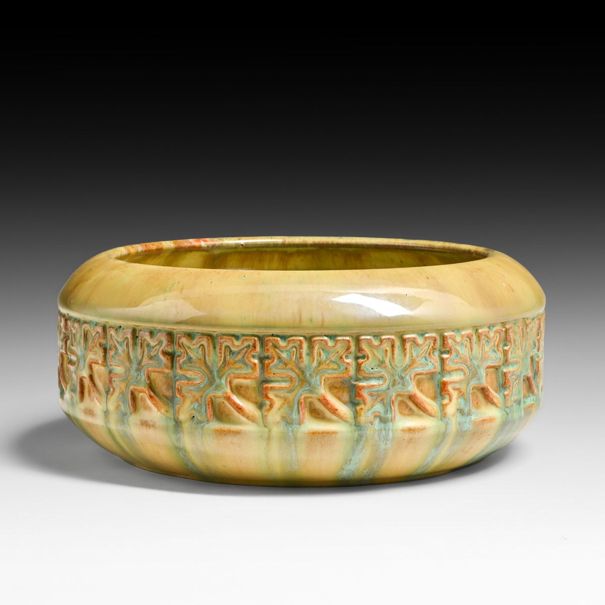 Fulper Pottery Mustard & Green Flambe Maple Leaf Fruit Bowl c1910s