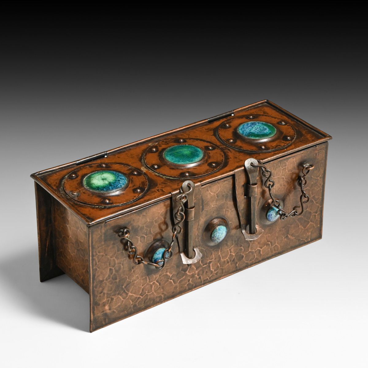 Albert Edward Jones - Birmingham, England Hammered Copper & Ruskin Enamel Strap Riveted Casket c1900s